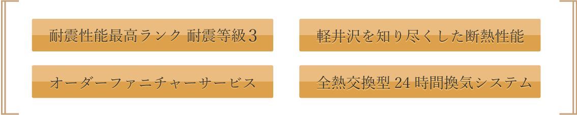 耐震性能最高ランク 耐震等級3、軽井沢を知り尽くした断熱性能、オーダーファニチャーサービス、全熱交換型24時間換気システム